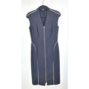 Lafayette 148 New York Black Zip Front Sheath Dress White Piping Size Small